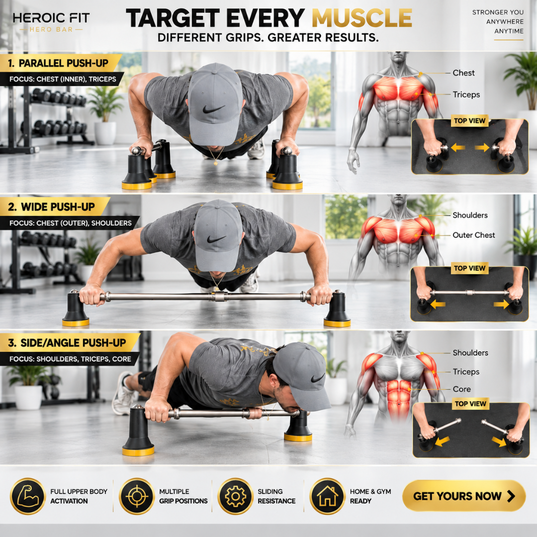 Heroic Fit Hero Bar – Sliding Push-Up Trainer – Full Body Workout, Build Strength & Core – Multiple Grip Positions, Portable Home Gym – Target Chest, Triceps, Shoulders & Core