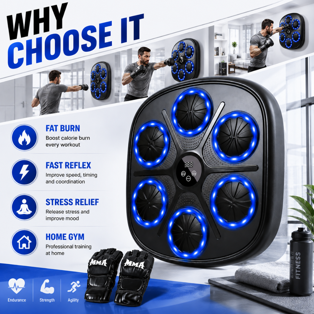 Music Boxing Machine with LED Light – Smart Interactive Boxing Trainer – Bluetooth Connectivity – Fun & Effective Fitness – Improves Reflexes, Reaction Time & Coordination