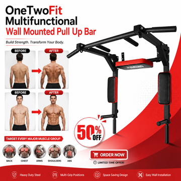 OneTwoFit Multifunctional Wall Mounted Pull Up Bar - Heavy Duty Steel, Multi-Grip Positions & Space Saving Design – Build Strength, Transform Your Body – Target Back, Chest, Arms, Shoulders & Abs
