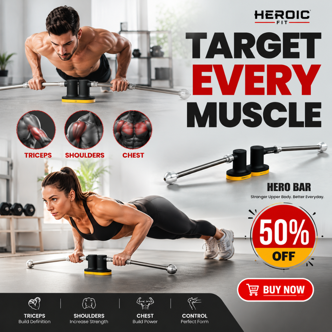 Heroic Fit Hero Bar – Sliding Push-Up Trainer – Full Body Workout, Build Strength & Core – Multiple Grip Positions, Portable Home Gym – Target Chest, Triceps, Shoulders & Core