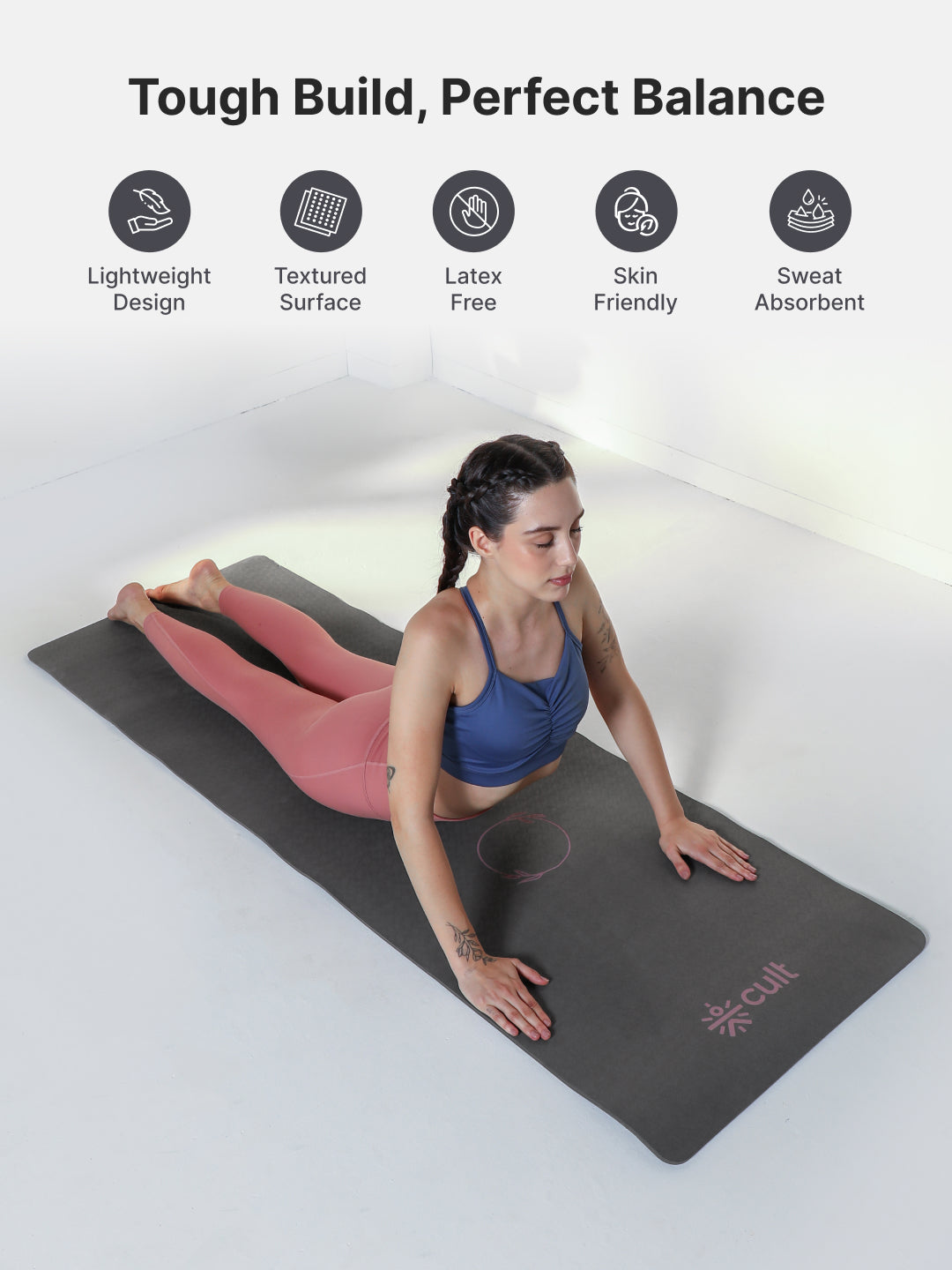 CULT Ultra Cushioned 8mm TPE Yoga & Pilates Mat   Eco-Friendly, Skin-Friendly, Anti-Skid, Tear-Resistant, Lightweight & Portable with Carry Strap and Bag  Ideal for Home, Gym & Outdoor Workouts - Dark Grey