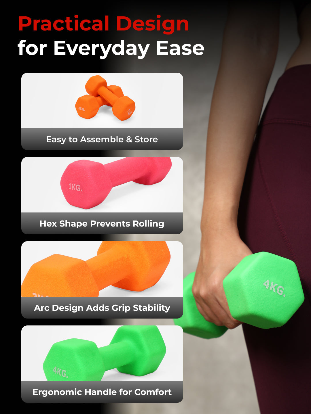 Cult Neoprene Dumbbells Combo for Home Gym Exercise (1kg + 3kg + 4kg Set) 16kg | Dumbbells with Rack