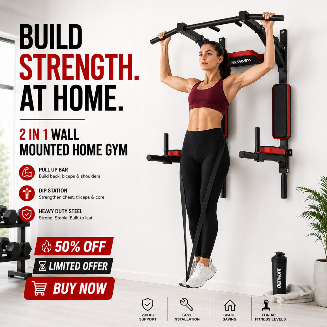 OneTwoFit Multifunctional Wall Mounted Pull Up Bar - Heavy Duty Steel, Multi-Grip Positions & Space Saving Design – Build Strength, Transform Your Body – Target Back, Chest, Arms, Shoulders & Abs