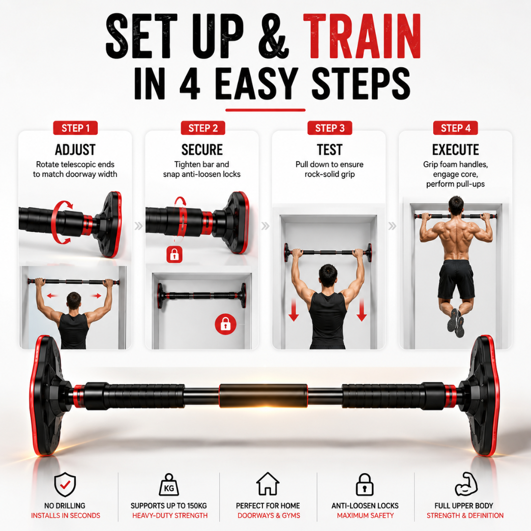 Heavy-Duty Adjustable Doorway Pull-Up Bar – Up to 50% OFF – Sculpt Your Upper Body from Home – Supports 150kg, No Drilling – Multi-Grip, Anti-Loosen Lock – Easy Installation – For Home & Gym – Build Muscle, Strength & Definition