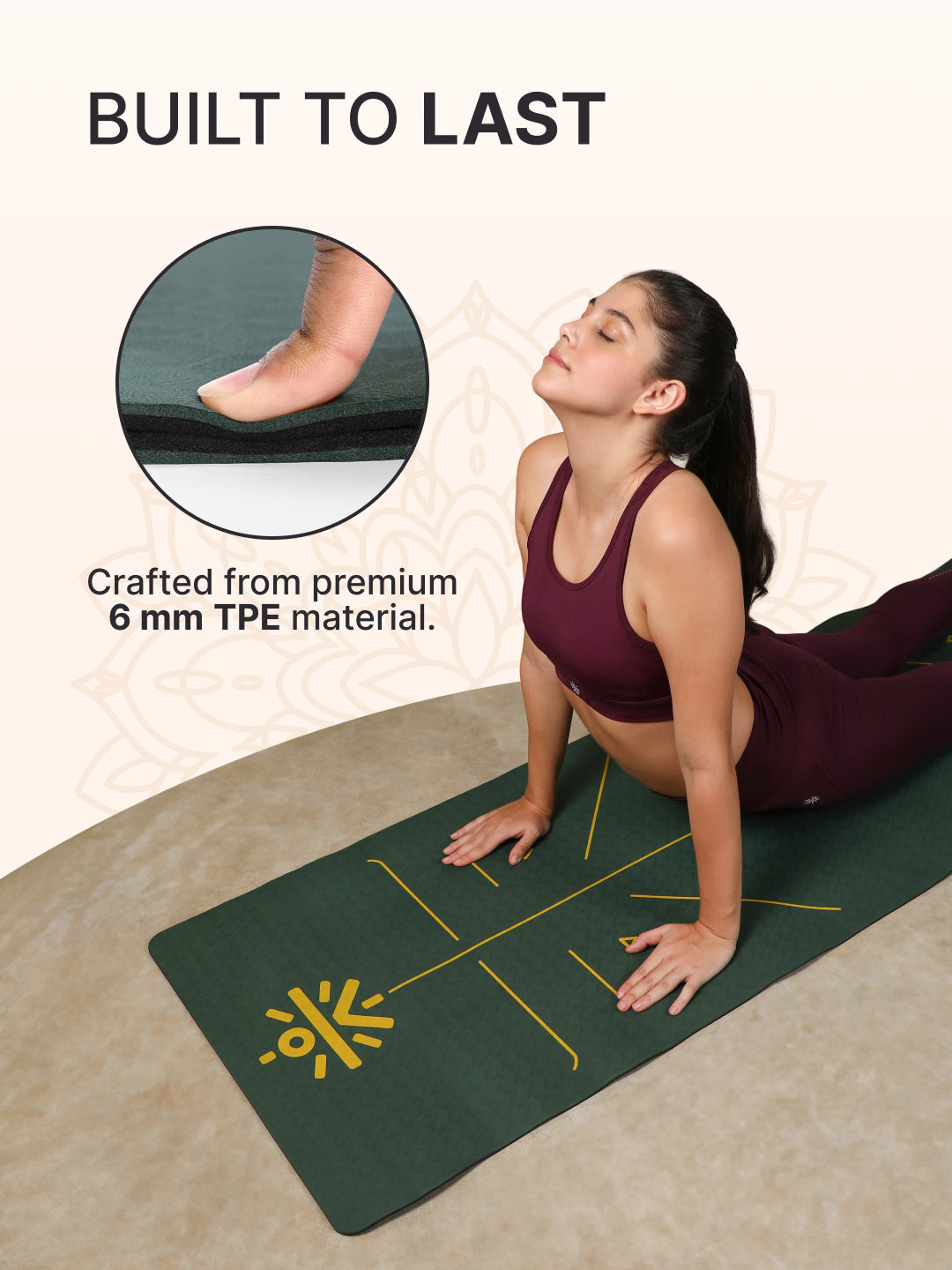 CULT Premium TPE Yoga Mat with Alignment Marks   6mm Thick Non-Slip Exercise & Pilates Mat for Men & Women, Eco-Friendly, Sweat-Resistant with Carry Strap   Green