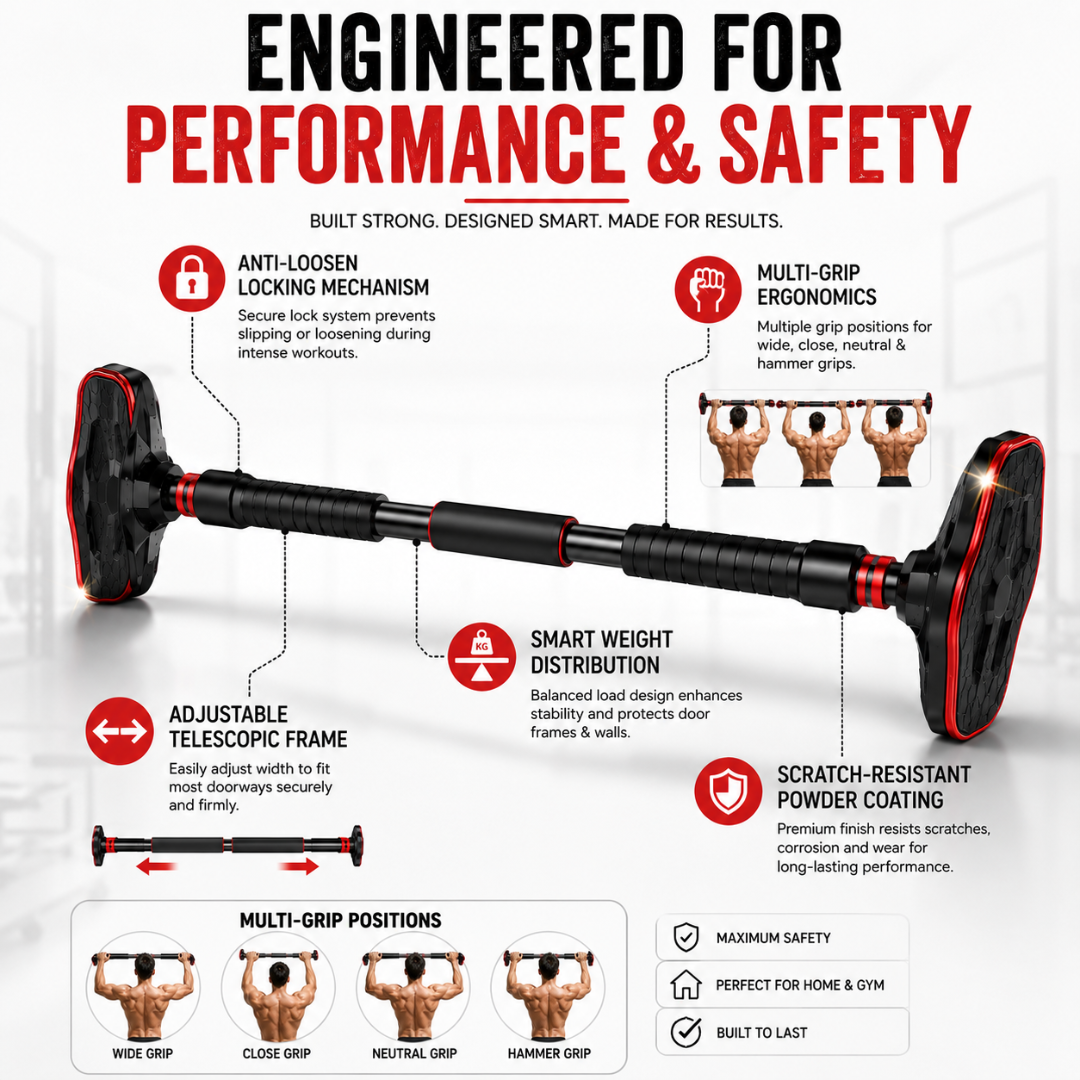 Heavy-Duty Adjustable Doorway Pull-Up Bar – Up to 50% OFF – Sculpt Your Upper Body from Home – Supports 150kg, No Drilling – Multi-Grip, Anti-Loosen Lock – Easy Installation – For Home & Gym – Build Muscle, Strength & Definition