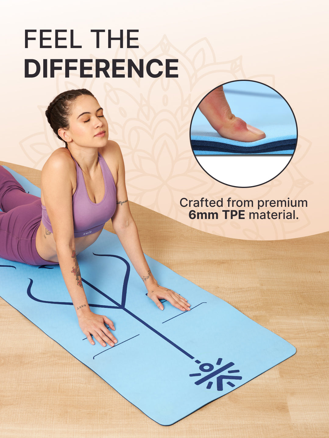 Cult TPE Yoga Mat 6mm   Non-Toxic, Latex-Free, Eco-Friendly, Tear-Resistant, Non-Slip Exercise Mat with Extra Cushioning , Carry Strap and Bag   Ideal for Yoga, Pilates, Meditation & Fitness - Blue with Alignment Marking