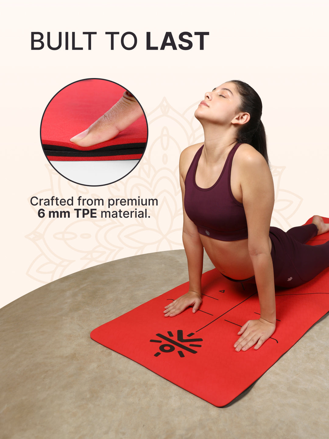 CULT Premium TPE Yoga Mat with Alignment Marks   6mm Thick Non-Slip Exercise & Pilates Mat for Men & Women, Eco-Friendly, Sweat-Resistant with Carry Strap - Red