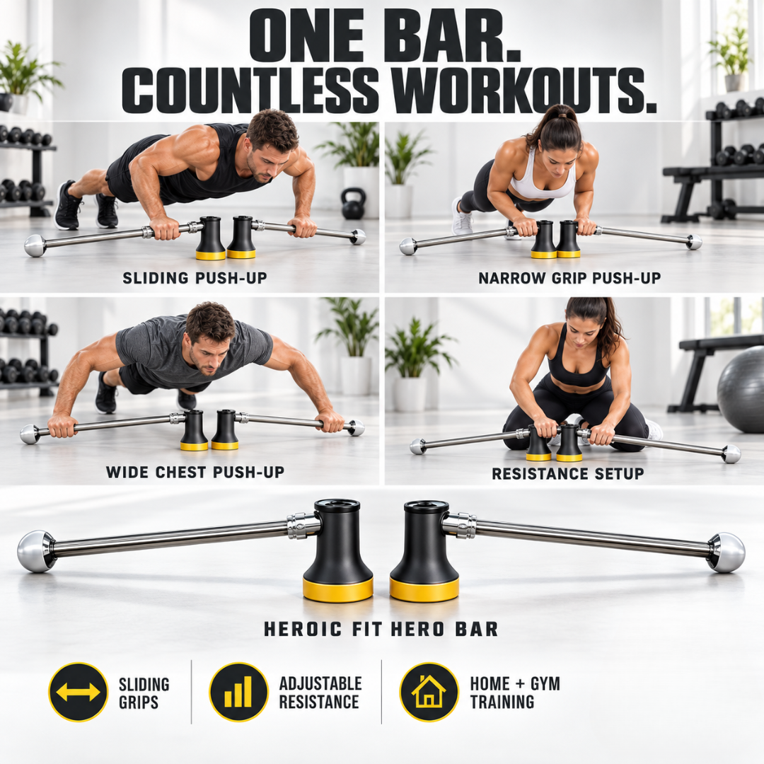 Heroic Fit Hero Bar – Sliding Push-Up Trainer – Full Body Workout, Build Strength & Core – Multiple Grip Positions, Portable Home Gym – Target Chest, Triceps, Shoulders & Core