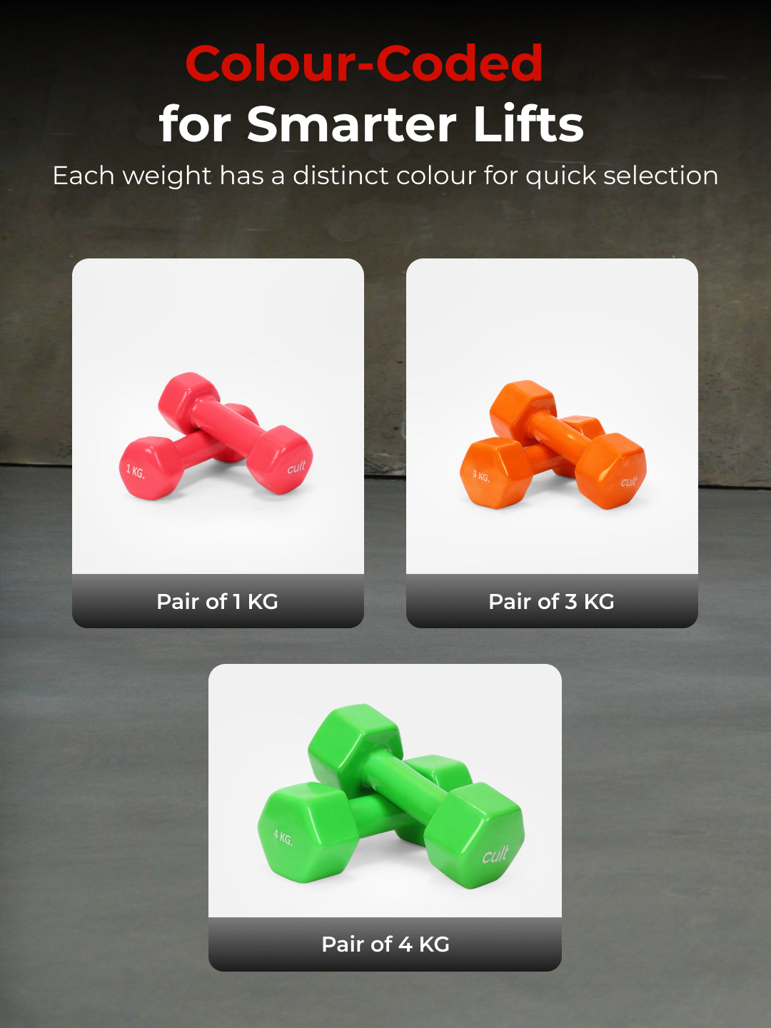 Cult Vinyl Dumbbells Combo for Home Gym Exercise (1kg + 3kg + 4kg Set) 16kg | Dumbbells with Rack