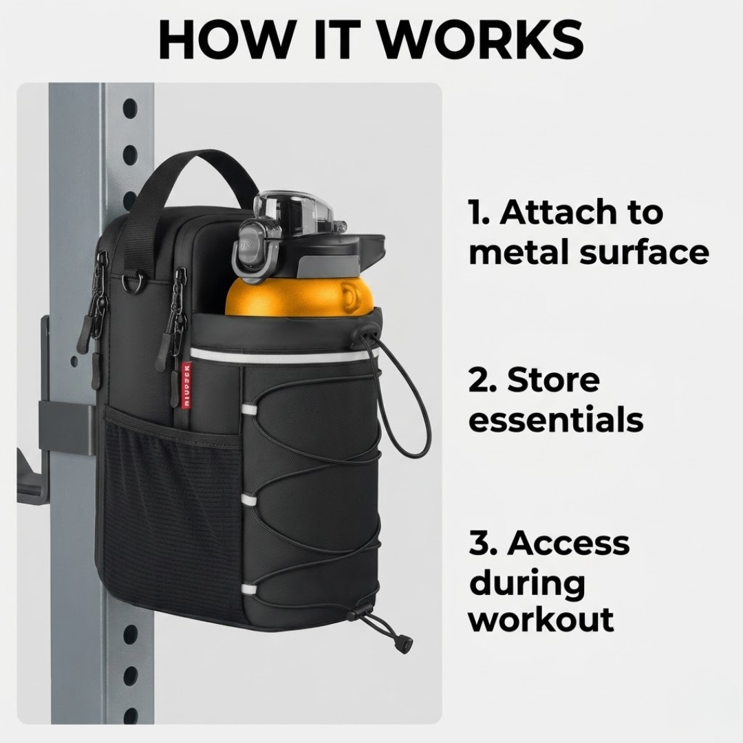 Smart Gym Organization Magnetic Storage Bag – Strong Magnetic Attachment, Multiple Storage Pockets, Water-Resistant – Keeps Gym Essentials Clean & Accessible