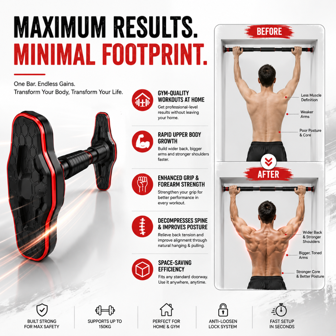 Heavy-Duty Adjustable Doorway Pull-Up Bar – Up to 50% OFF – Sculpt Your Upper Body from Home – Supports 150kg, No Drilling – Multi-Grip, Anti-Loosen Lock – Easy Installation – For Home & Gym – Build Muscle, Strength & Definition