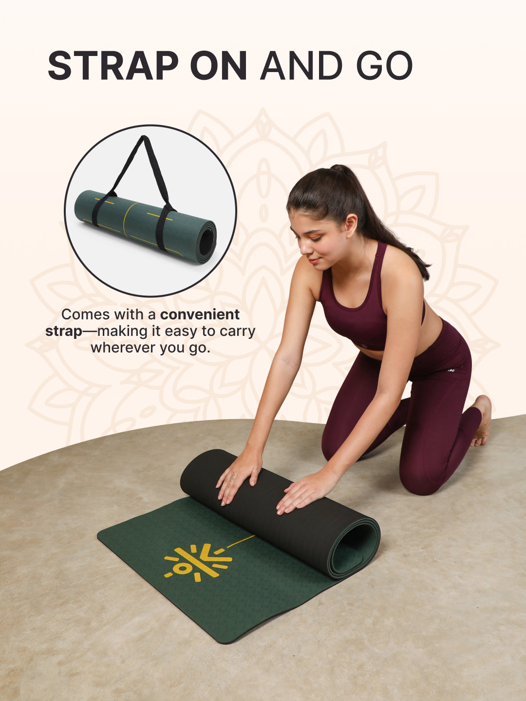 CULT Premium TPE Yoga Mat with Alignment Marks   6mm Thick Non-Slip Exercise & Pilates Mat for Men & Women, Eco-Friendly, Sweat-Resistant with Carry Strap   Green