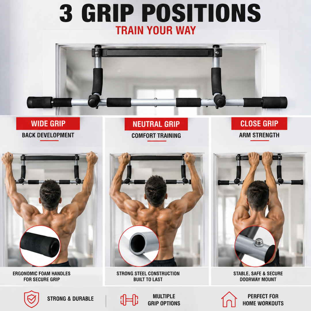 Portable Pull-Up Bar – Build Your Home Gym – No Drilling, 3 Grip Positions & Heavy Duty Steel – Train Anywhere, Get Stronger Daily – For Pull-Ups, Chin-Ups, Knee Raises & Push-Ups – Beginner to Advanced
