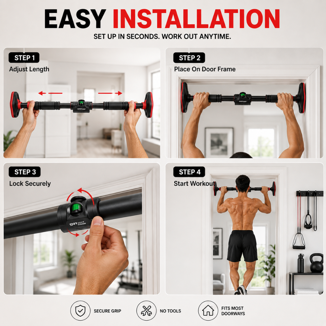Heavy-Duty Adjustable Doorway Pull-Up Bar – Sculpt Your Upper Body from Home – Supports 150kg, No Drilling – Multi-Grip, Anti-Loosen Lock – Easy Installation – For Home & Gym – Build Muscle, Strength & Definition