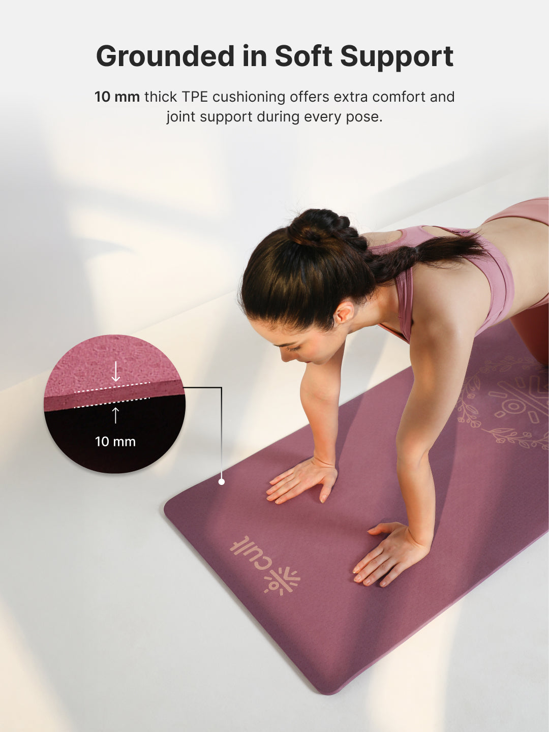 CULT TPE Yoga Mat 10mm Extra Thick with Carry Strap and Bag   Non-Toxic, Latex-Free, Anti-Slip, Tear-Resistant & Lightweight   Superior Cushioning for Joint Support, Ideal for Yoga, Pilates, Meditation & Home Workouts - Maroon