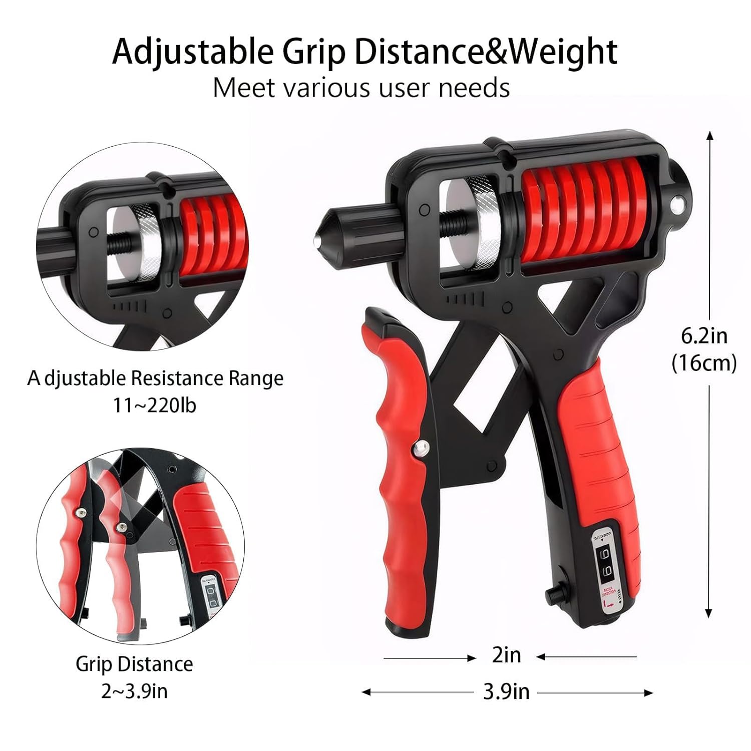 V5 Pro Adjustable Hand Gripper - 11-220 lbs Resistance with Counter & Safety Hammer