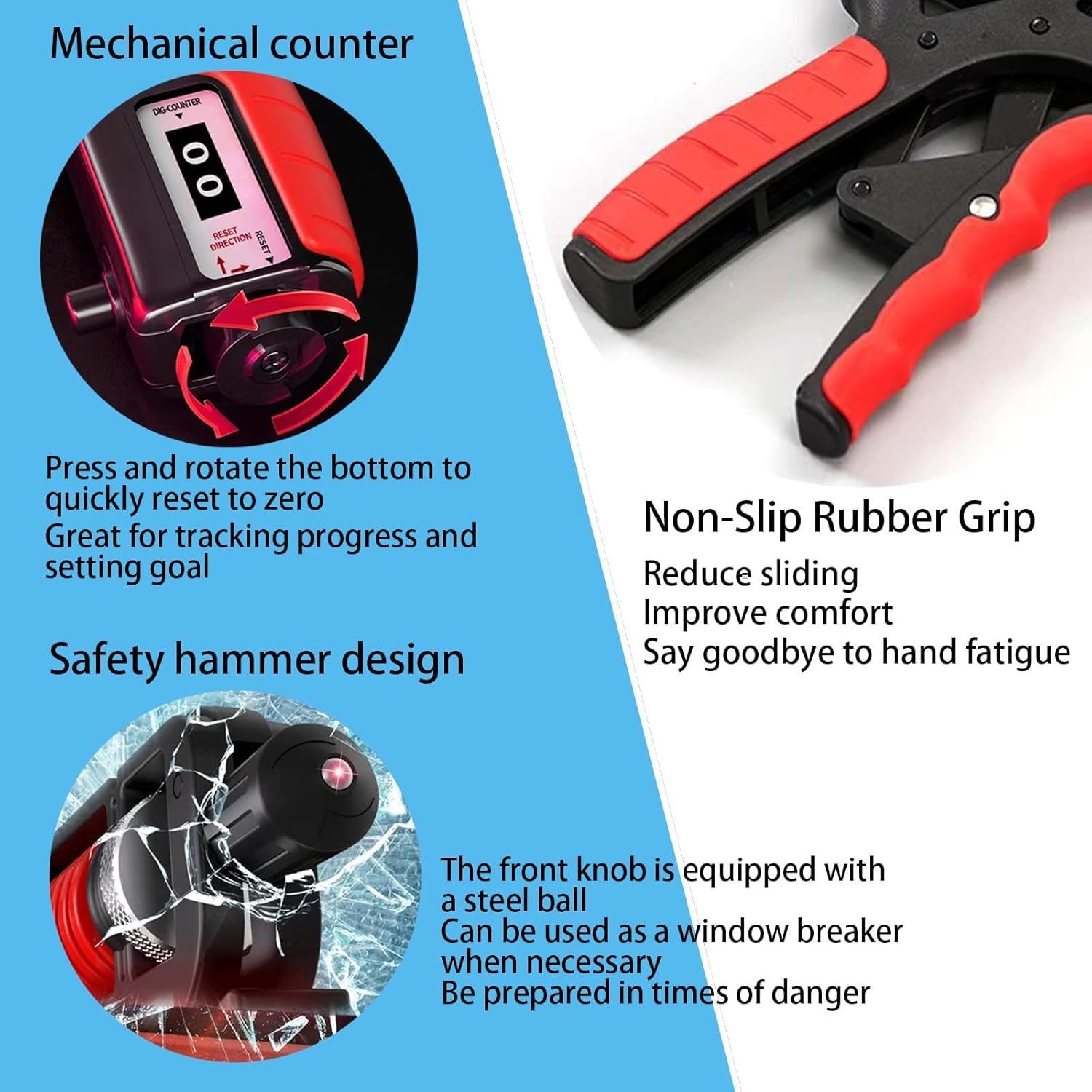 V5 Pro Adjustable Hand Gripper - 11-220 lbs Resistance with Counter & Safety Hammer