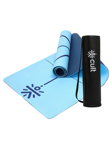 Cult TPE Yoga Mat 6mm   Non-Toxic, Latex-Free, Eco-Friendly, Tear-Resistant, Non-Slip Exercise Mat with Extra Cushioning , Carry Strap and Bag   Ideal for Yoga, Pilates, Meditation & Fitness - Blue with Alignment Marking