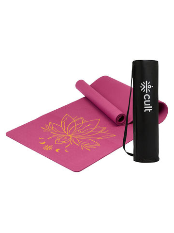 CULT TPE Yoga Mat 6mm with Carry Bag & Strap   Eco-Friendly, Non-Slip, Lightweight & Durable Exercise Mat for Yoga, Pilates, Meditation & Home Workouts   Purple Lotus Print