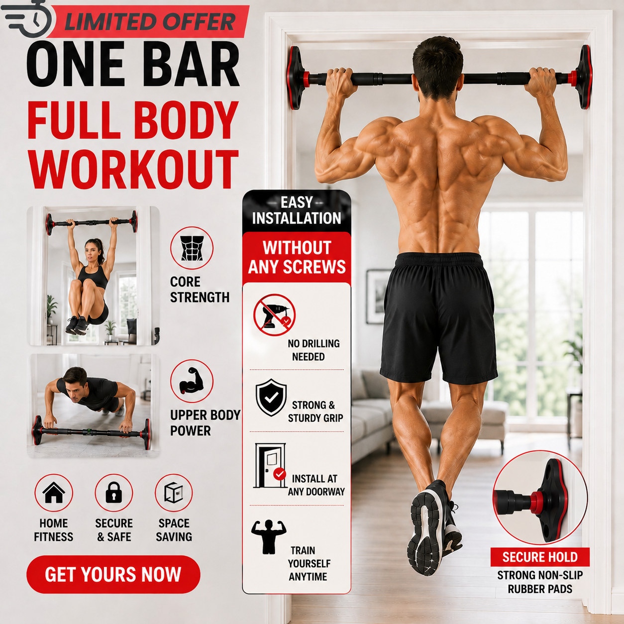 Heavy-Duty Adjustable Doorway Pull-Up Bar – Sculpt Your Upper Body from Home – Supports 150kg, No Drilling – Multi-Grip, Anti-Loosen Lock – Easy Installation – For Home & Gym – Build Muscle, Strength & Definition